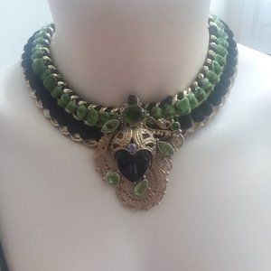 Exotic carved face recycled handmade statement choker necklace OOAK